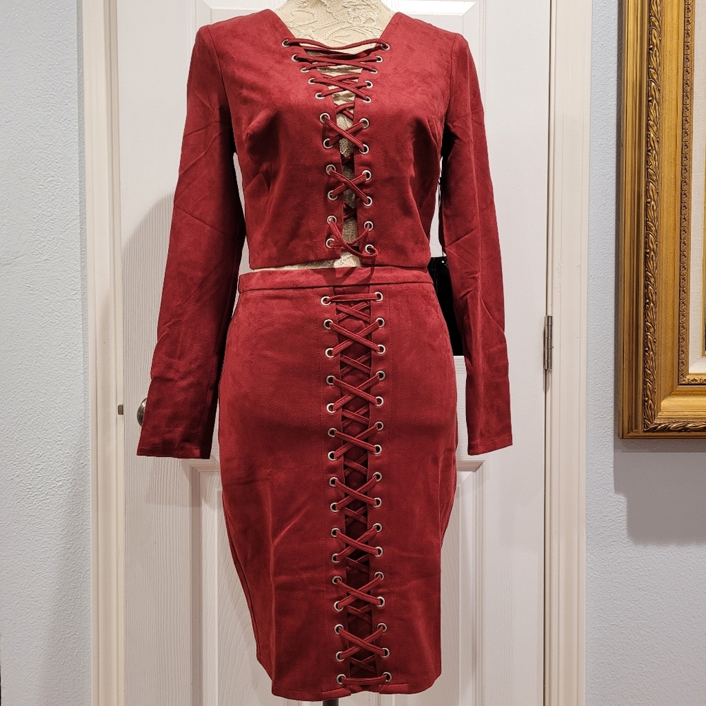 WOW Couture Burgandy Red Two Piece Long Sleeve Top and Skirt Size M